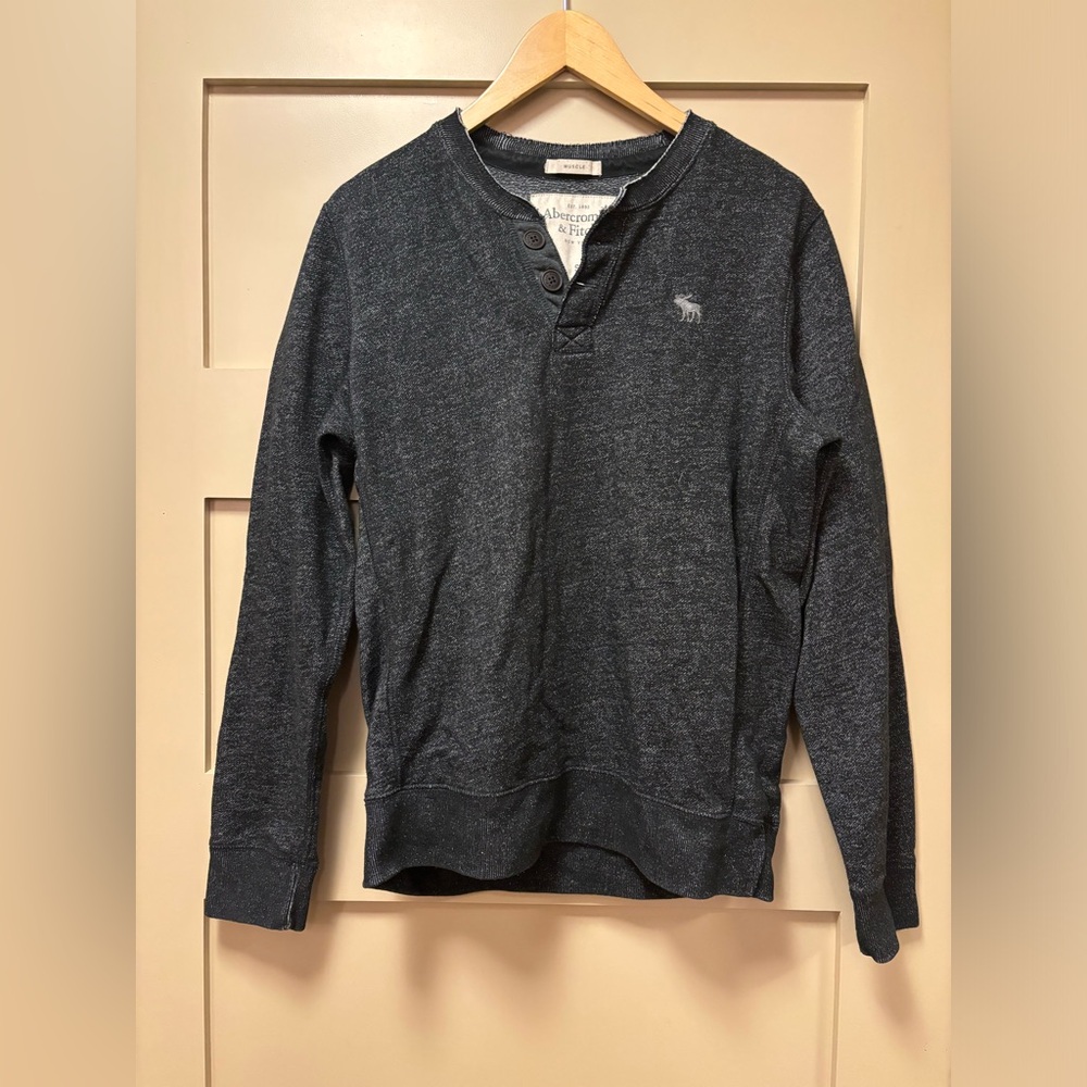 ABERCROMBIE & FITCH Henley Sweatshirt Cotton Blend Dark Grey Heathered Y2K